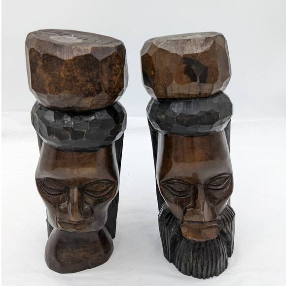 Vintage Jamaica Wooden Carved Bust Figurine Pair Female Bearded Male 9" Tall - Picture 1 of 12